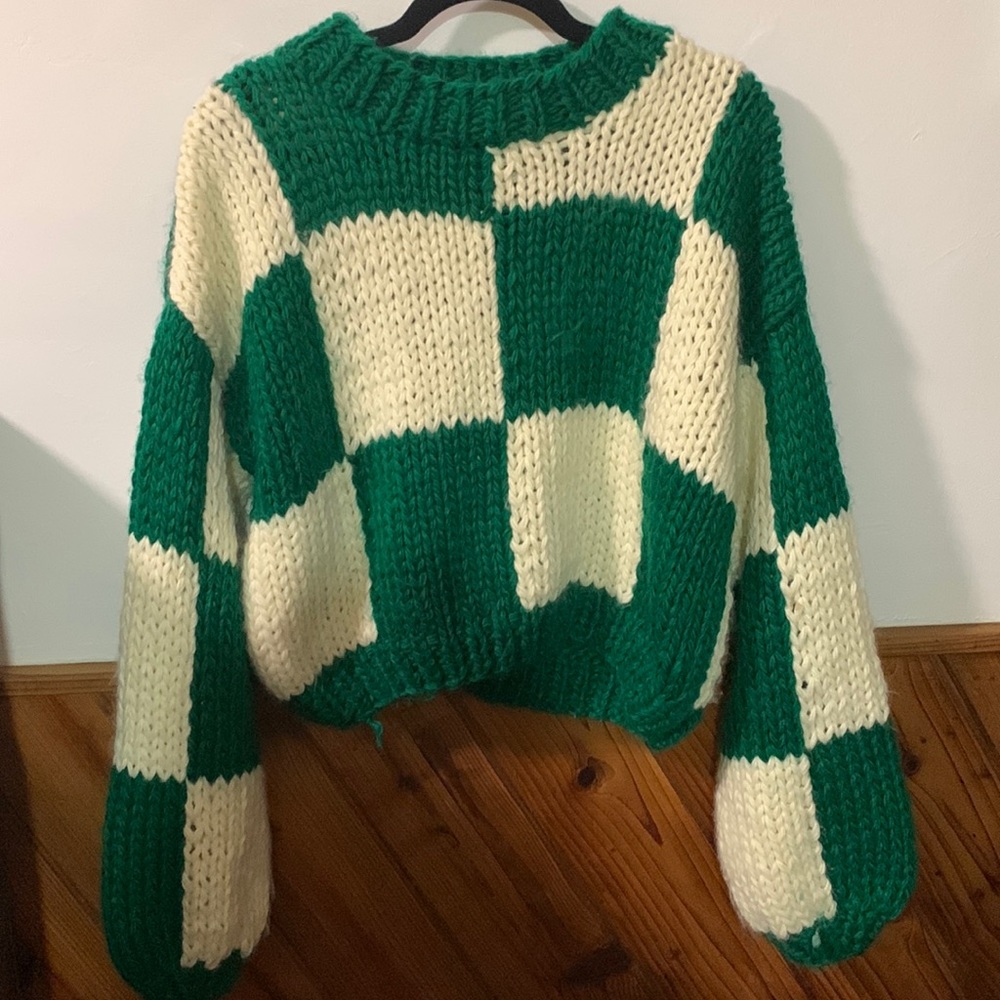 Yellow the Label - Zella Chunky Checkered Sweater, Cream/Evergreen M